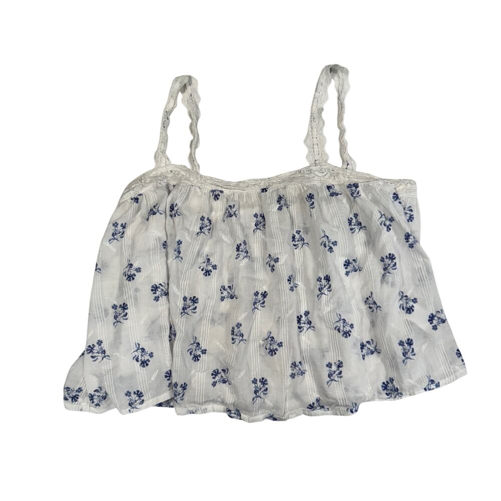 Joie White Blue Ditsy Floral Lace Strap Pintuck Crop Top Cottagecore M Cruise - Picture 2 of 12